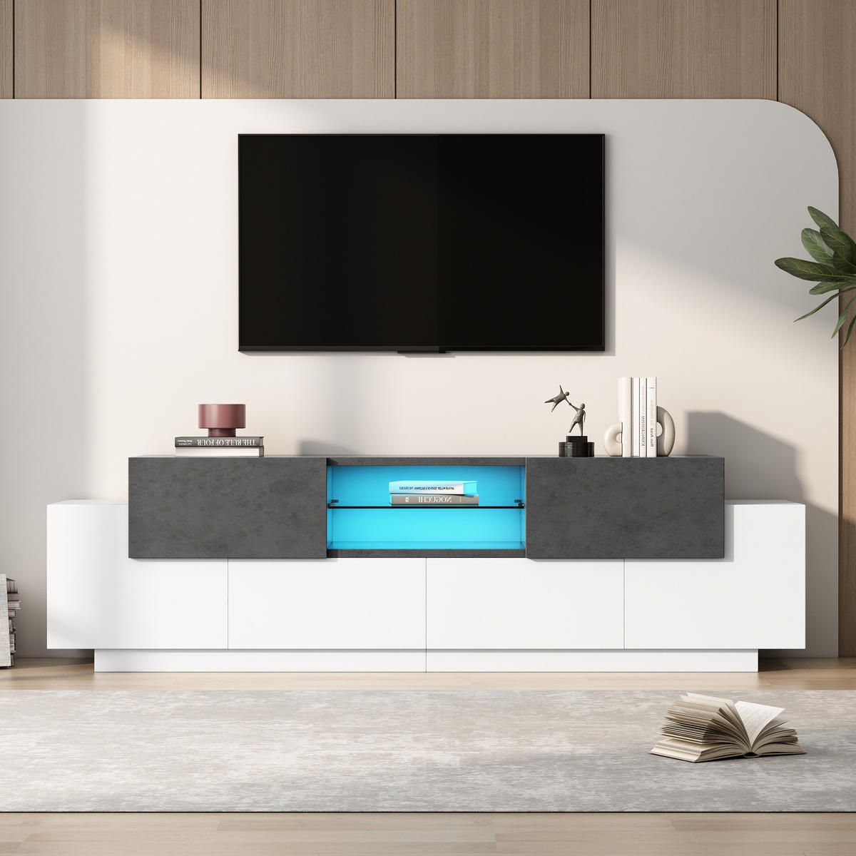 LOWBOARD 180/40/45 cm mit 2 Schubladen, LED-Beleuchtung und Glasablagen - Weiß, Holzwerkstoff (180/45/40cm) - BEAOK