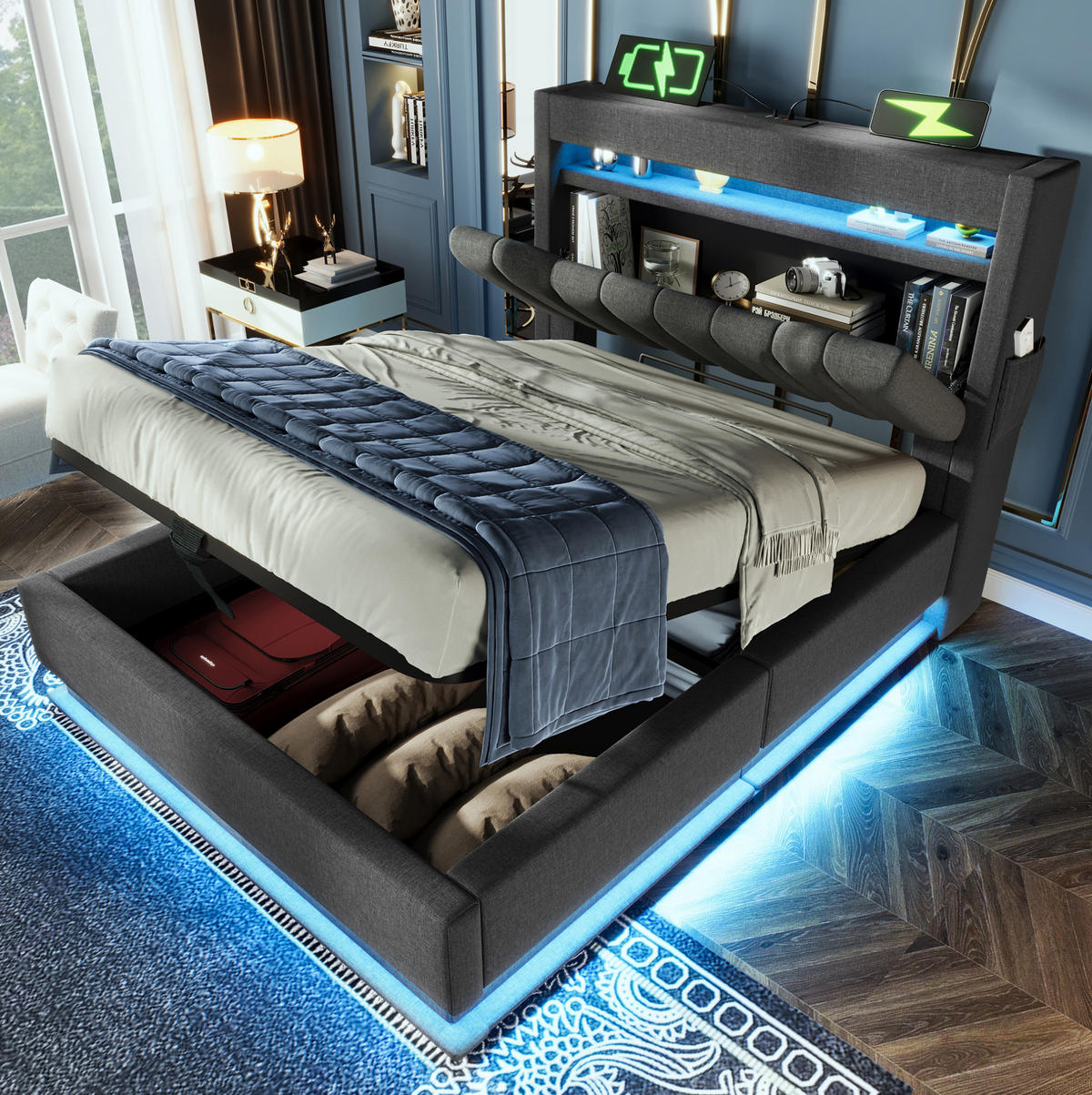 POLSTERBETT 90/200 cm Grau aus Leinen mit LED und Stauraum - Grau, Textil (90/200cm) - OKMYHOME