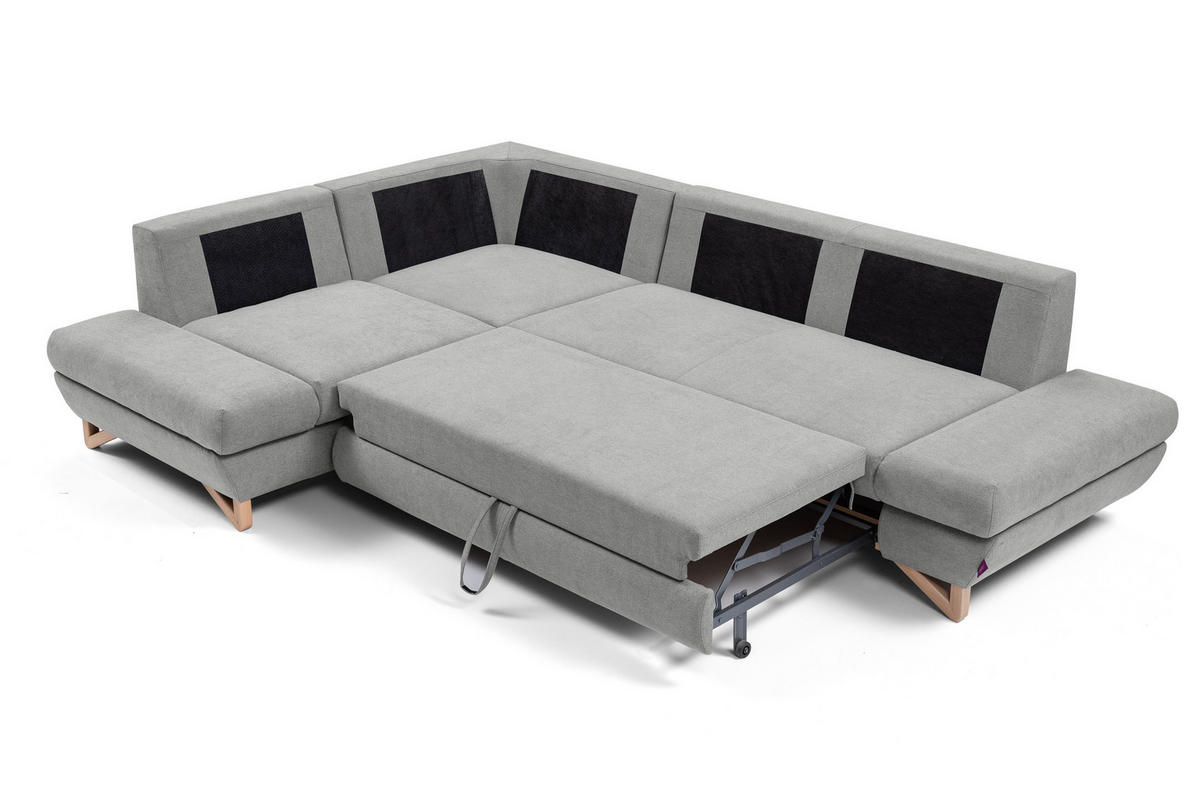 ECKSOFA CASA II L-S Grau Plüsch-Stoff mit Schlaffunktion - Grau, Holz (272/199cm) - MASSENO