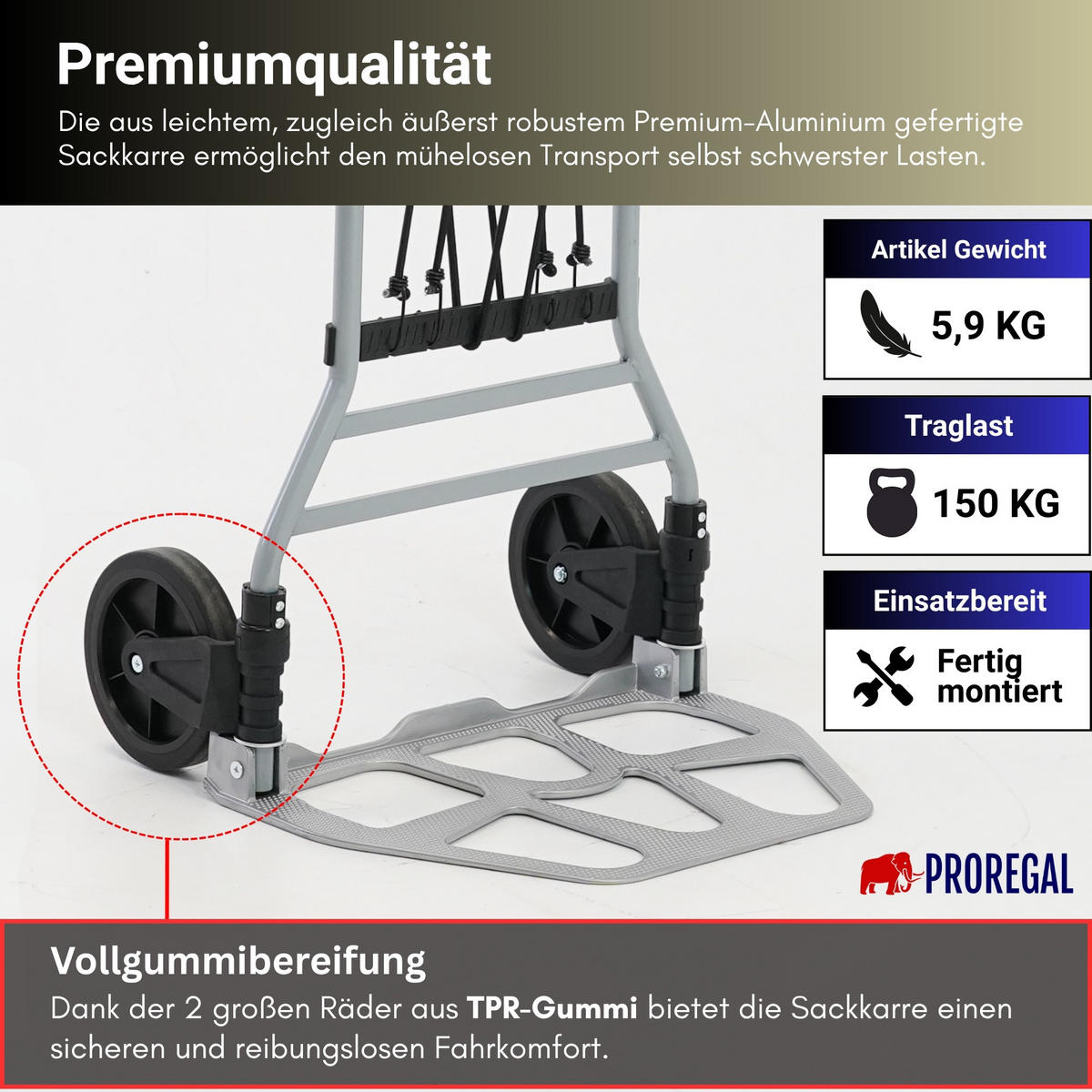 SACKKARRE Elephant klappbar 112x49x52cm Traglast 150kg AluminiumrahmenTRR Fachgummiräder Silber - Silberfarben, Metall (52/49/112cm) - PROREGAL