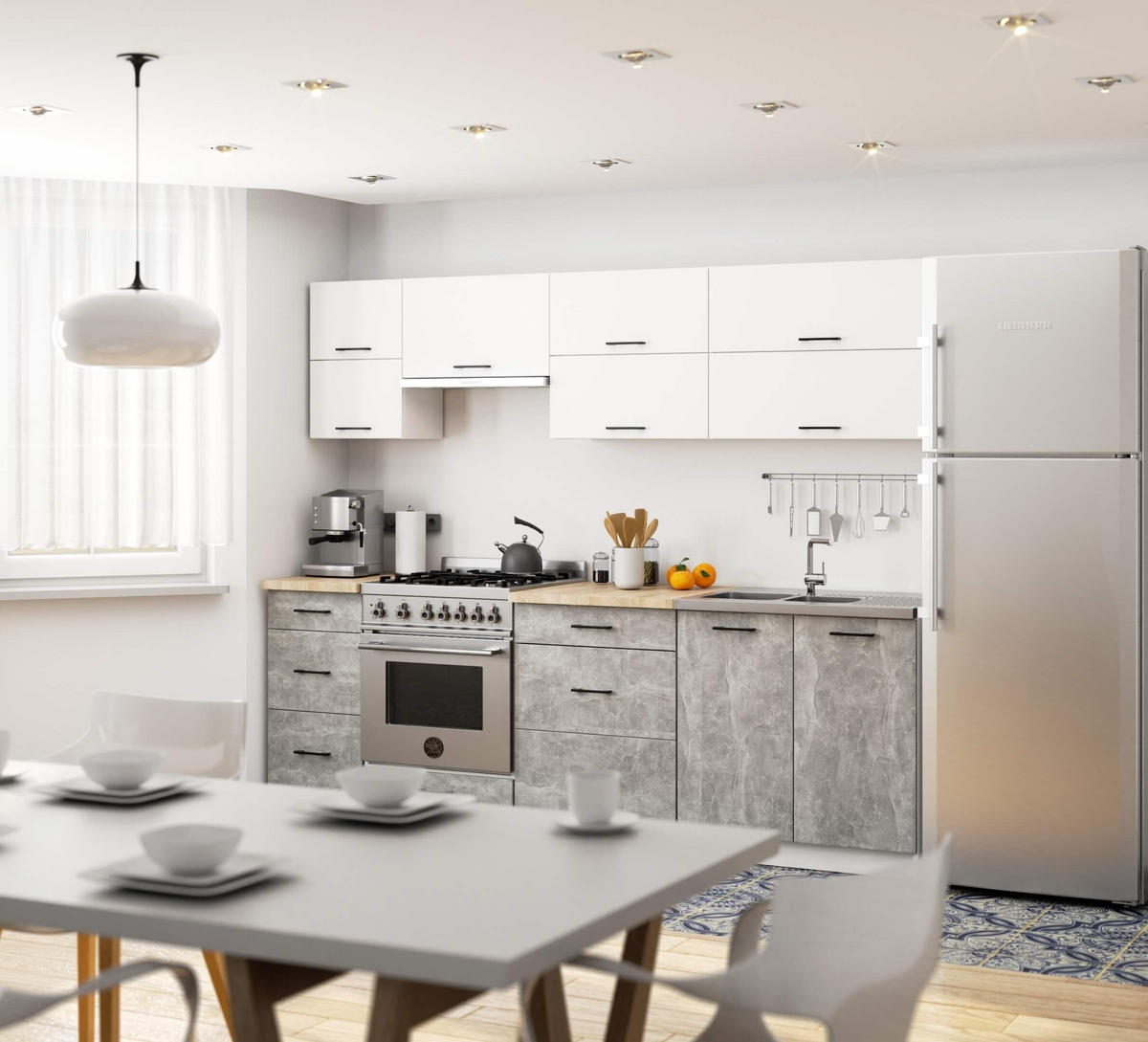 BUCĂTĂRIE fără electrocasnice Alb, beton 203/240/46 - alb, compozit lemnos (240/203/46cm) - RAUMHIRSCH FURNITURE