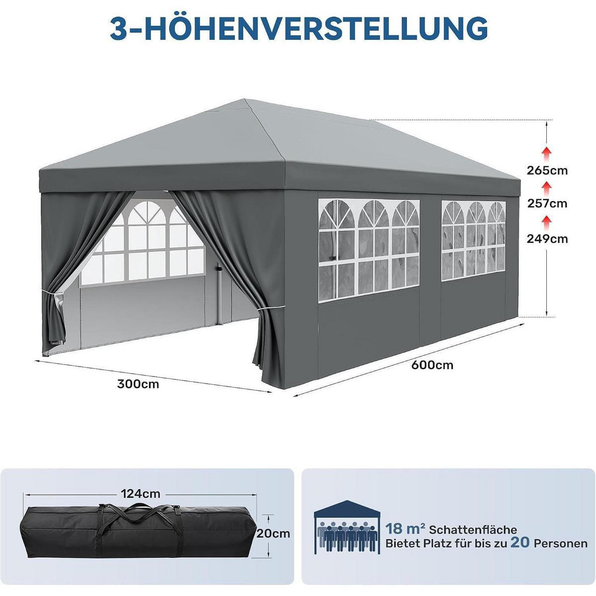 GARTENPAVILLON 3 x 6 m Grau Wasserdicht UV-Schutz 50+ mit 4 Seitenteilen - Grau, Textil (300/265/600cm)