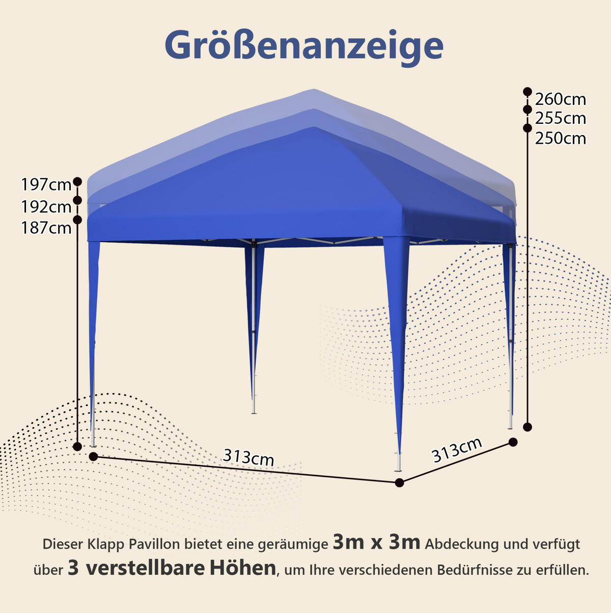 PAVILLON 313/313 cm höhenverstellbar, faltbar mit wasserabweisendem UV-Schutzdach und Tragetasche, Blau - Blau, Kunststoff (313/260/313cm) - Redom