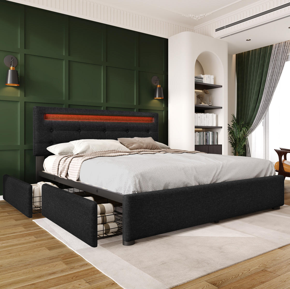 POLSTERBETT mit LED und 4 Schubladen 140x200 cm Leinen Schwarz mit Matratze - Schwarz, Metall (140/200cm) - Beauniv