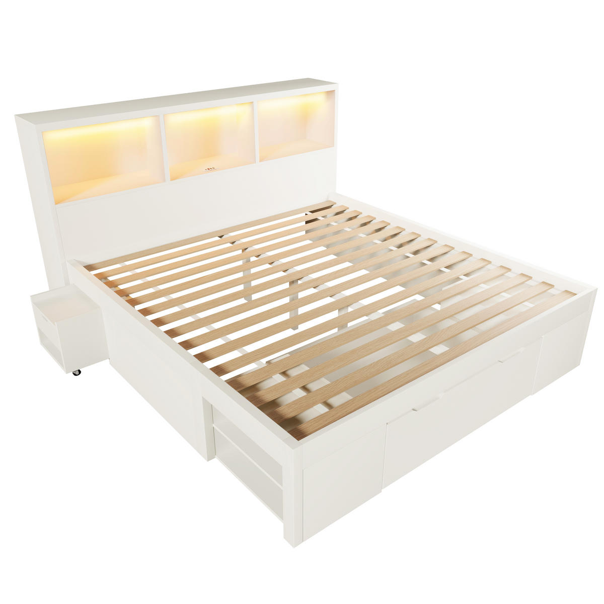 POLSTERBETT 140x190 cm in Weiß mit LED, USB-C & beweglichem Nachttisch - Weiß, Holzwerkstoff (140/190cm) - Modfu