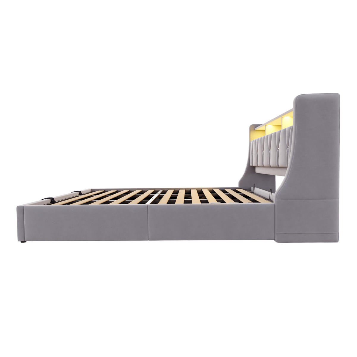 STAURRAUMBETT 180/200 cm DE-01669, in Hellgrau, mit hydraulischem Bettkasten, Klappkopfteil und LED - Hellgrau, Holzwerkstoff (180/200cm) - ComfortXL