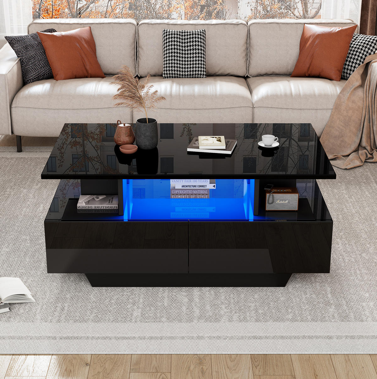COUCHTISCH mit 2 Schubladen 90x55x41 cm Hochglanz Schwarz mit LED - Schwarz, Holzwerkstoff (90/55/41cm) - Meubliv