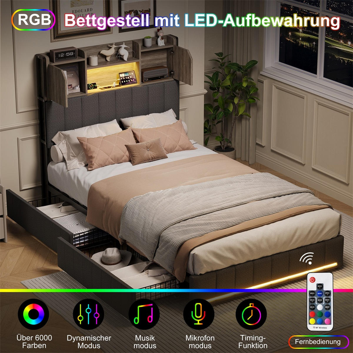 POLSTERBETT 90x200cm - Doppelbett 90x200cm mit Schubladen - RGB-LED-Beleuchtung - ohne Matratze - Grau - Grau, Textil (90/200cm) - DELFA
