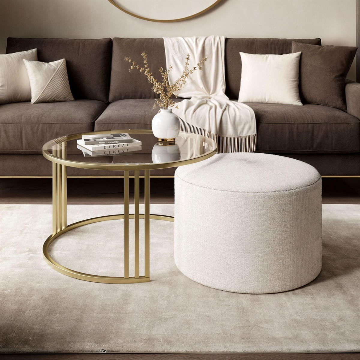 COUCHTISCH mit Hocker LORI GLASS gebürstetes Gold/transparentes Glas/Perfect Harmony 01 - Transparent, Metall (70/70/49cm) - Lookway