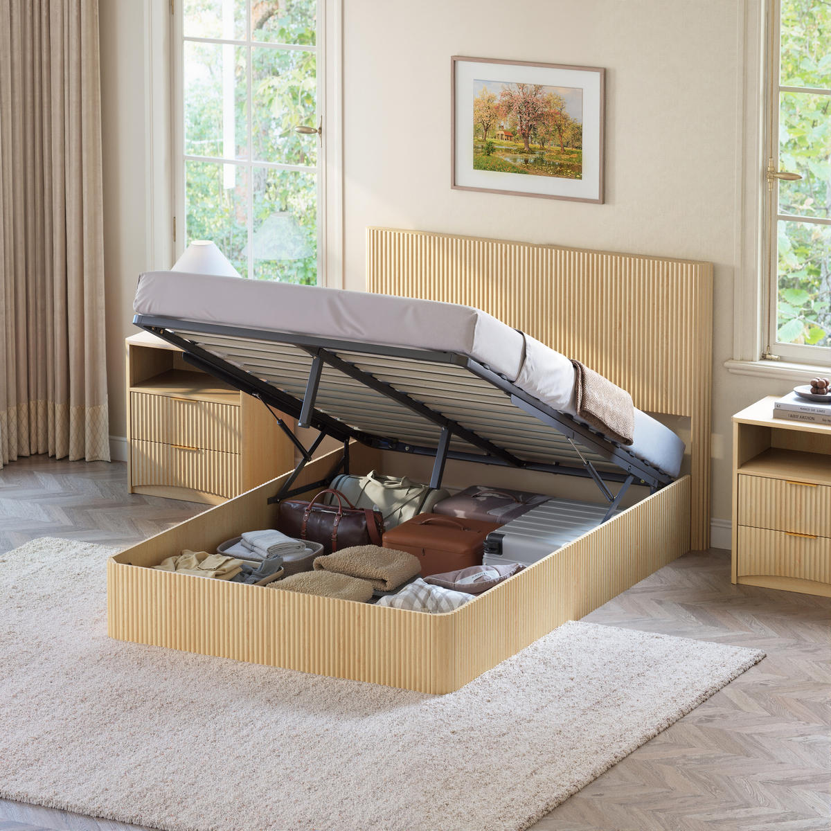 BETT 140/200 cm in Hell Eiche mit Bettkasten - Eichefarben, Holzwerkstoff/Metall (140/200cm) - WISHDOR