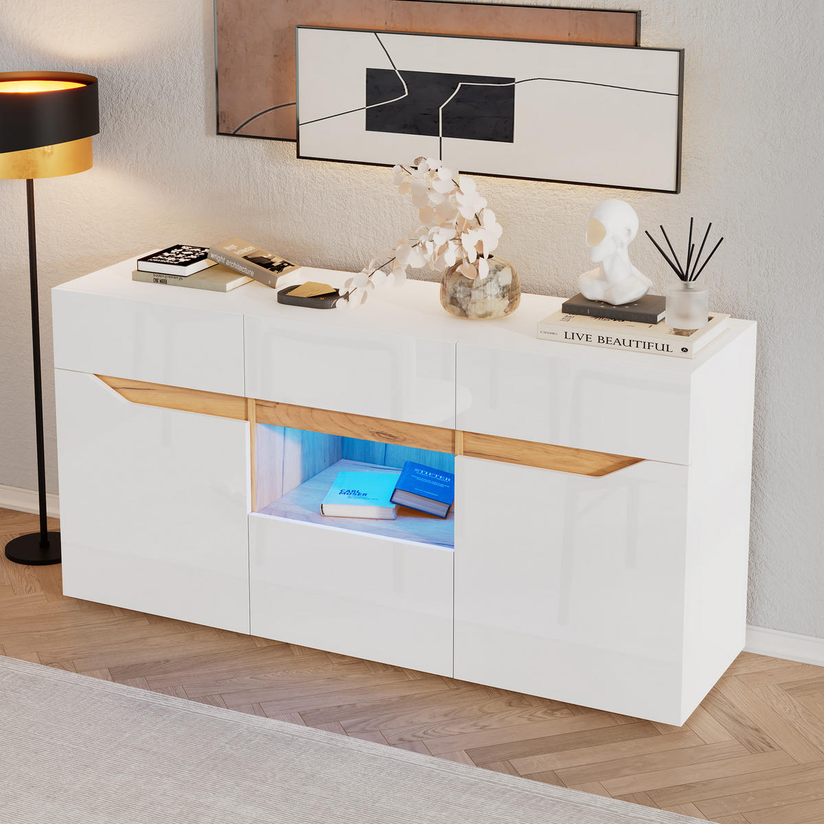 SIDEBOARD LED Weiß Holz 4 Schubladen 2 Fächer 140x40x70cm - Weiß, Holzwerkstoff (40/70/140cm) - FLIEKS