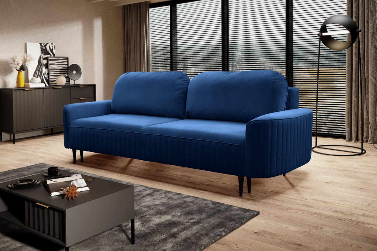 BETTSOFA FILO Blau Velours-Stoff mit Schlaffunktion - Blau, Holz (244/92/102cm) - MASSENO