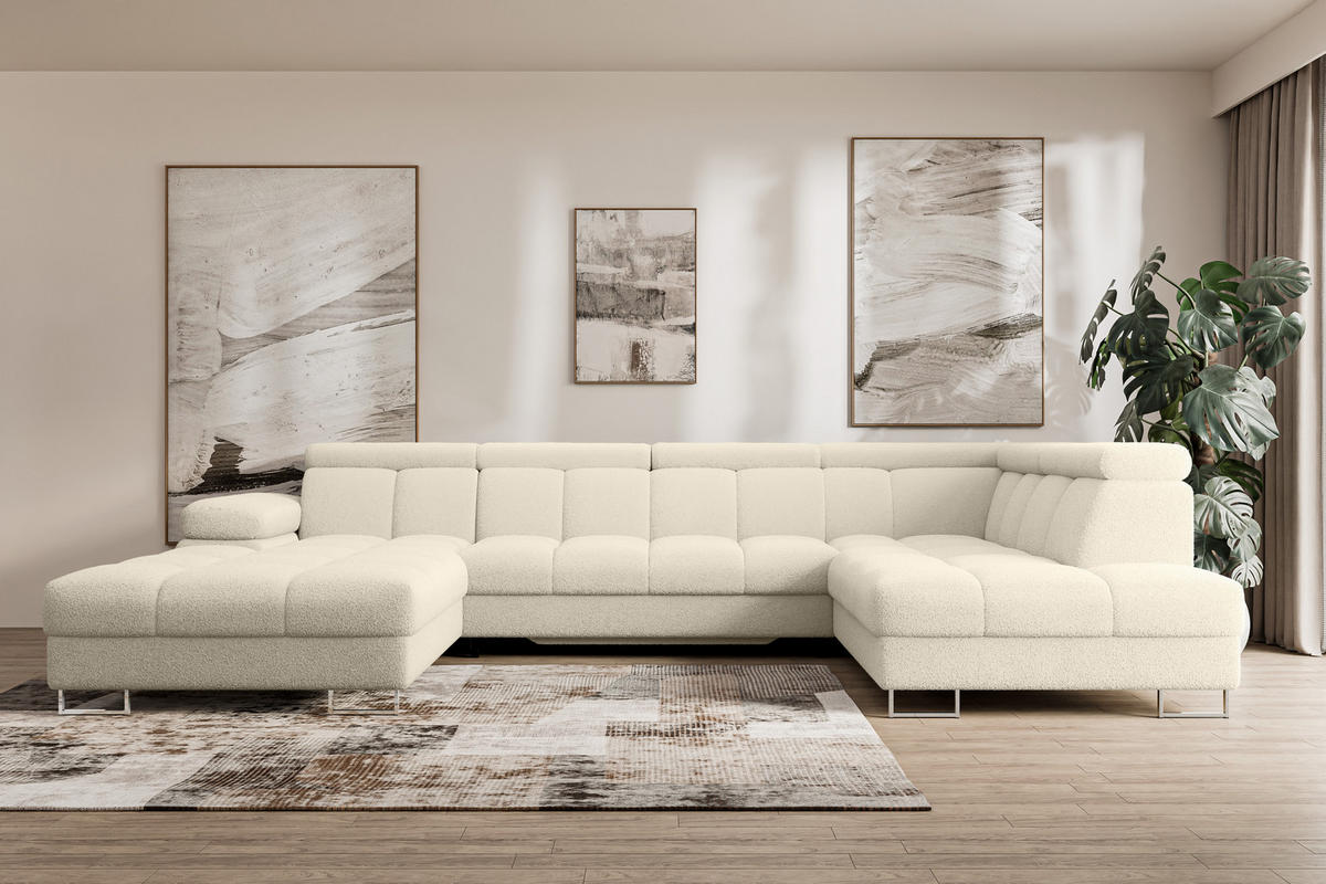 WOHNLANDSCHAFT mit Schlaffunktion und Bettkasten Ottomane RECHTS COMA U 345x203x79 Beige Bouclé - Sandfarben, Holzwerkstoff/Textil (203/79/345cm) - ALTDECOR