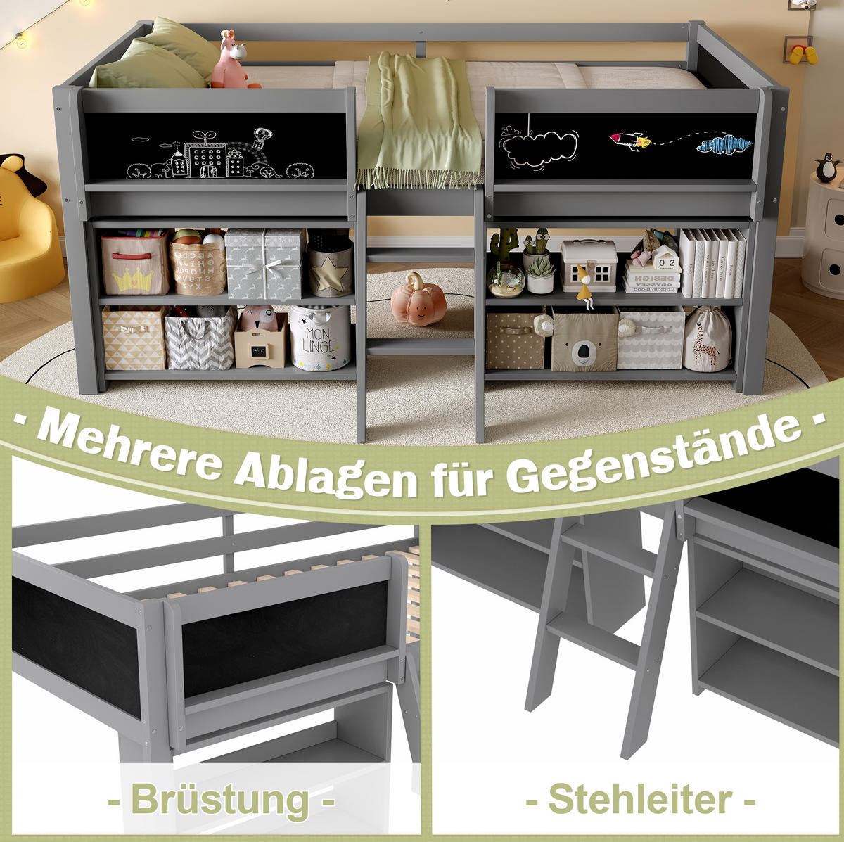 HOLZBETT 90/200 cm halbhoch mit Stauraum und Leiter in Grau - Grau, Holzwerkstoff (90/200cm) - BEAOK