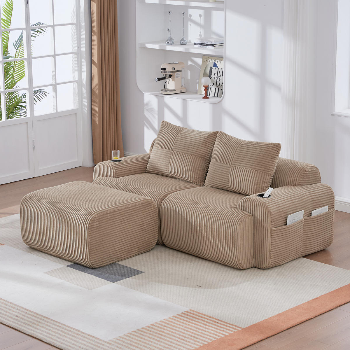 MODULARES 2-Sitzer Sofa Cord mit Getränkehalter und Seitentasche 200/174/80 cm Sandfarben - Sandfarben, Textil (174/200cm) - Redom