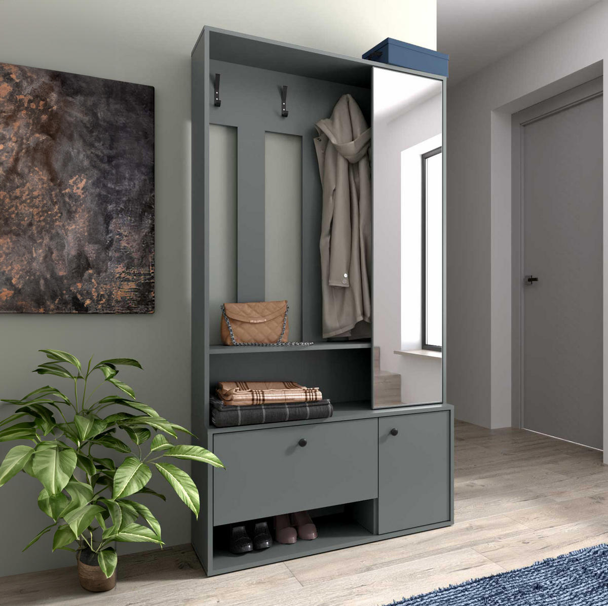 GARDEROBENSCHRANK Tokessa Stone Green 100/191/33 cm - Modern mit Spiegel und Schuhschrank - Grün, Holzwerkstoff/Kunststoff (100/191/33cm) - AX Living