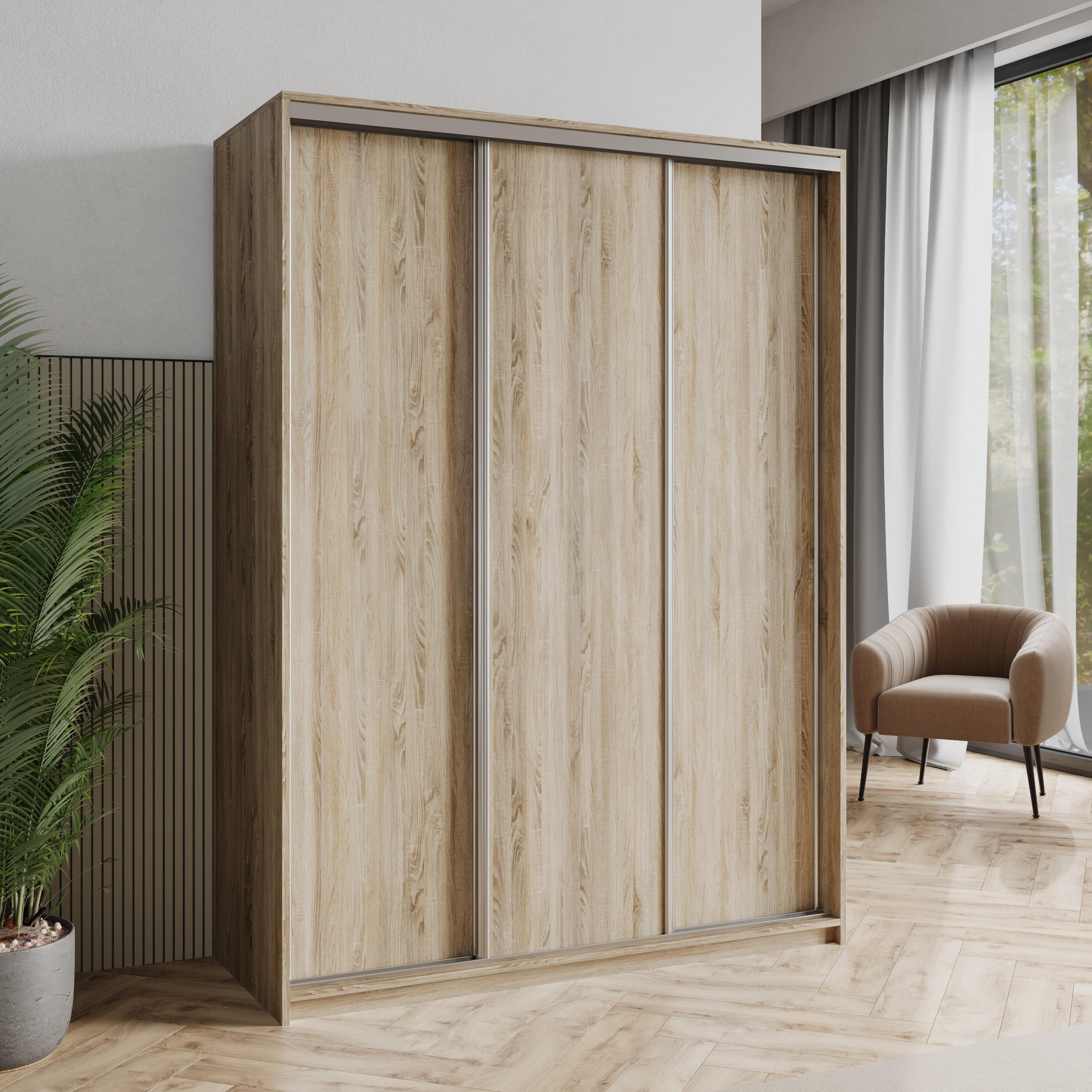SCHWEBETÜRENSCHRANK NISSE 150/205/60 cm 3-türig Sonoma Eiche - Sonoma Eiche, Holzwerkstoff (150/205/60cm) - MASSENO