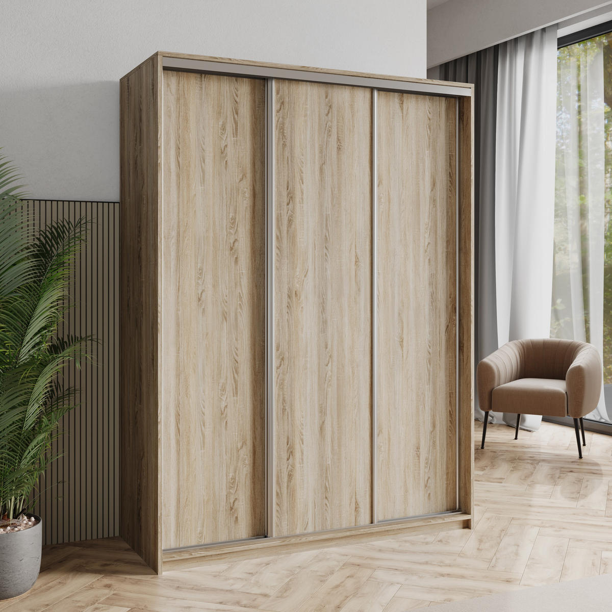 SCHWEBETÜRENSCHRANK NISSE 150/205/60 cm 3-türig Sonoma Eiche - Sonoma Eiche, Holzwerkstoff (150/205/60cm) - MASSENO