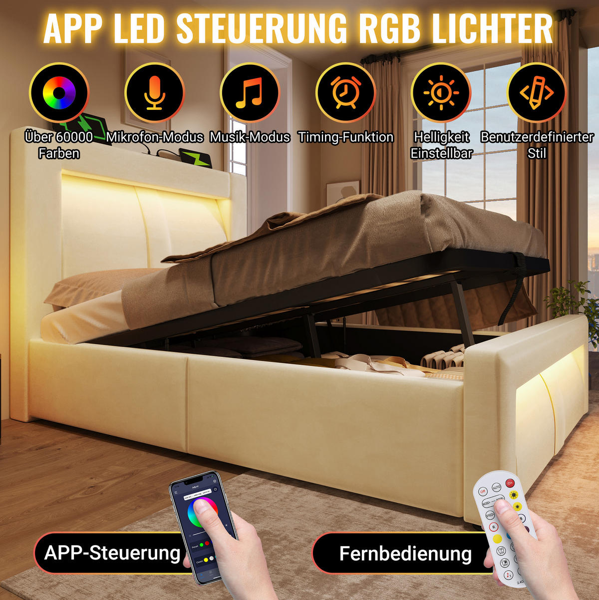 OBLAZINJENA postelja 160/200 cm z LED osvetlitvijo, USB in Type-C priključki ter hidravličnim shranjevanjem, Bež - bež, tekstil (160/200cm) - Redom