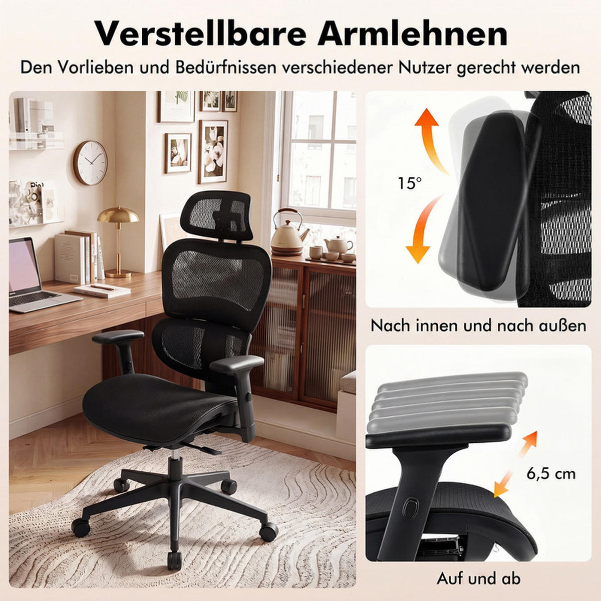 BÜROSTUHL mit verstellbaren Armlehnen und Kopfstütze schwarz - Schwarz, Metall (70/115/70cm) - COSTWAY