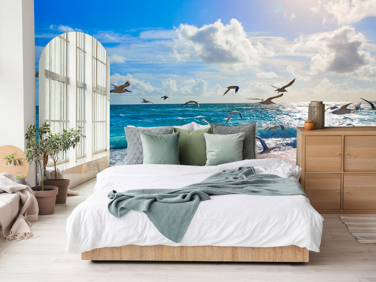 FOTOTAPETE Meer Strand Natur Landschaft 3D 450x315 - Blau/Beige, Papier (450/315cm) - Muralo