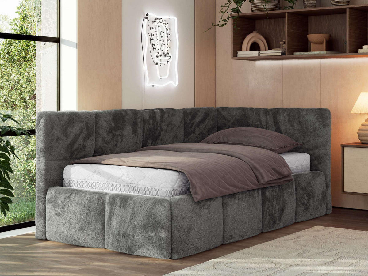 JUGENDBETT ARVO 90/200 - Dunkelgrau Plüsch - Multipocket-Matratze - Rechts Seite - Dunkelgrau, Textil (90/200cm) - MKS