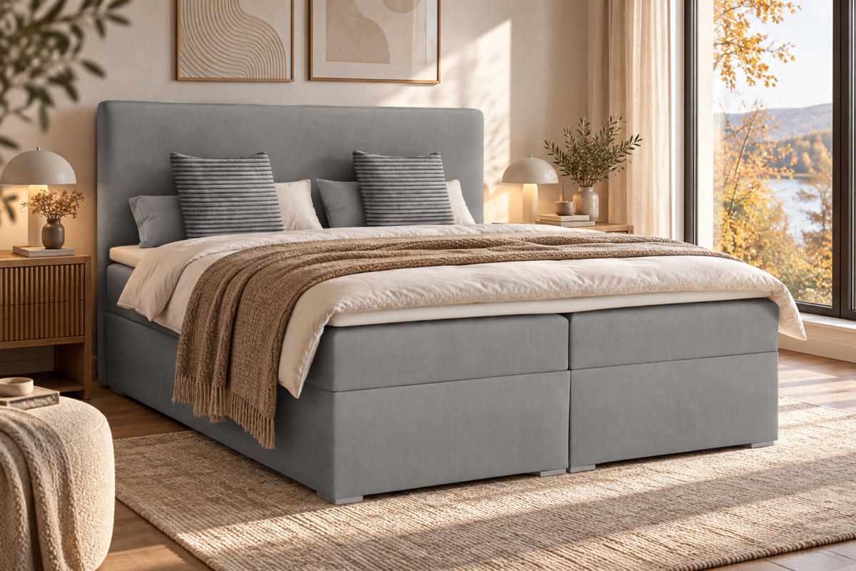 BOXBETT BASIC 180/200 Velours Hellgrau mit Bonell-Federkernmatratzen H3 - Hellgrau, Holz/Holzwerkstoff (180/200cm) - Deine Möbel 24