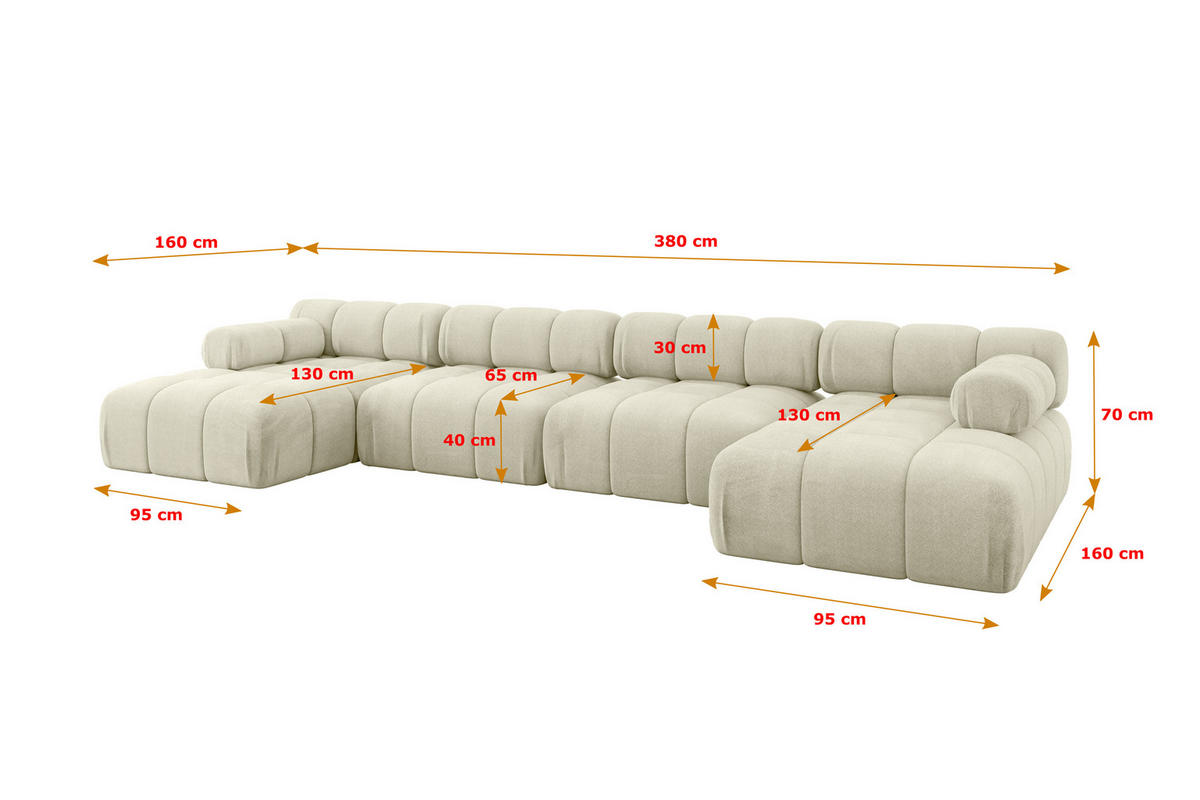 WOHNLANDSCHAFT modulares Sofa Tesso-U2 - 380x160x70 cm Beige Velours - Beige, Holzwerkstoff/Textil (380/70/160cm) - ALTDECOR