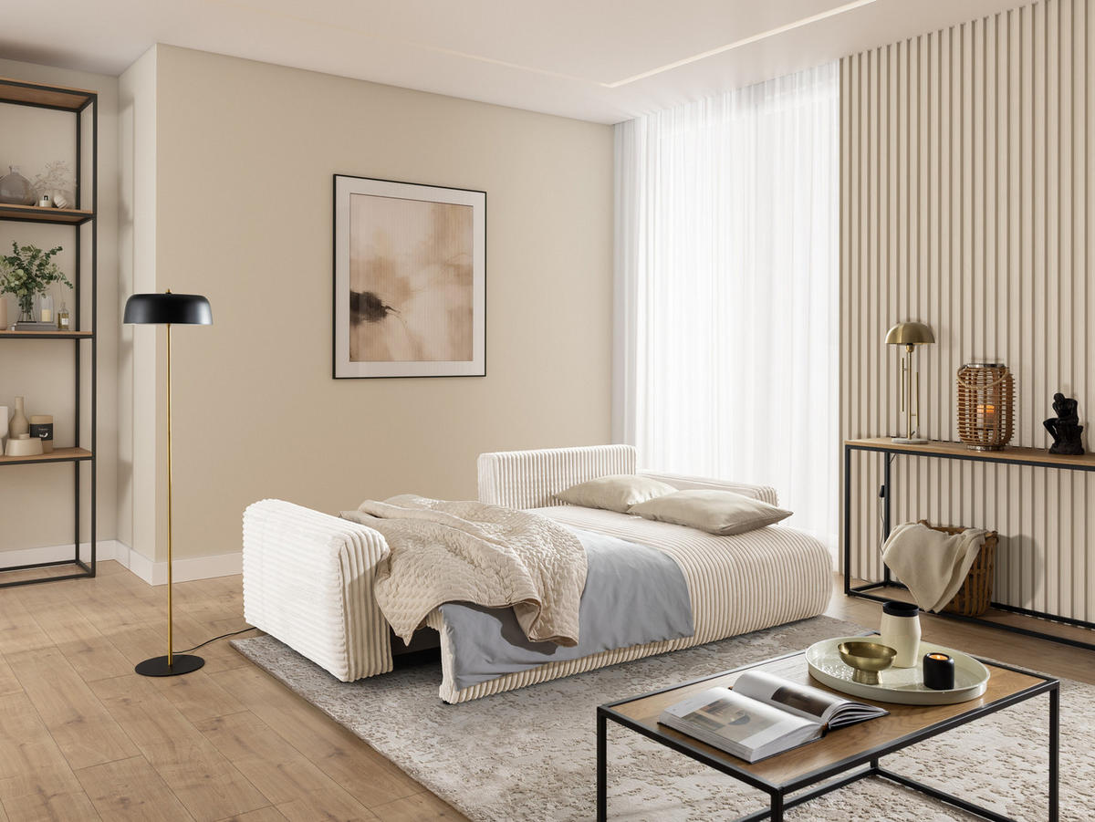 ECKSOFA Calma mit Schlaffunktion und Bettkasten im Bumpy-Design aus weichem Creme Plüschcord - Ottomane rechts - Creme/Schwarz, Holz/Kunststoff (140/239cm) - S-Style
