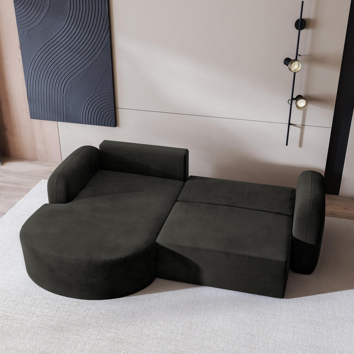 ECKSOFA AMILIA M L-S Schwarz Velours-Stoff mit Schlaffunktion - Schwarz, Holz (263/174cm) - MASSENO