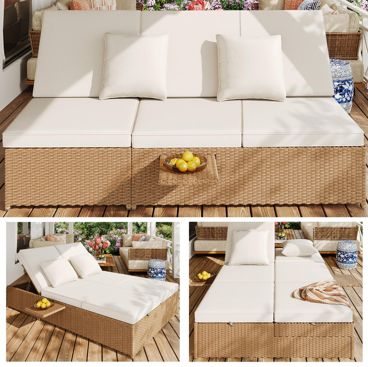 GARTENLIEGE aus Metall, PE-Rattan und Polyester 199x120x37 cm Weiß mit verstellbaren Rückenlehnen, Kissen und Beistelltisch - Weiß, Kunststoff (120/37/199cm) - Modfu