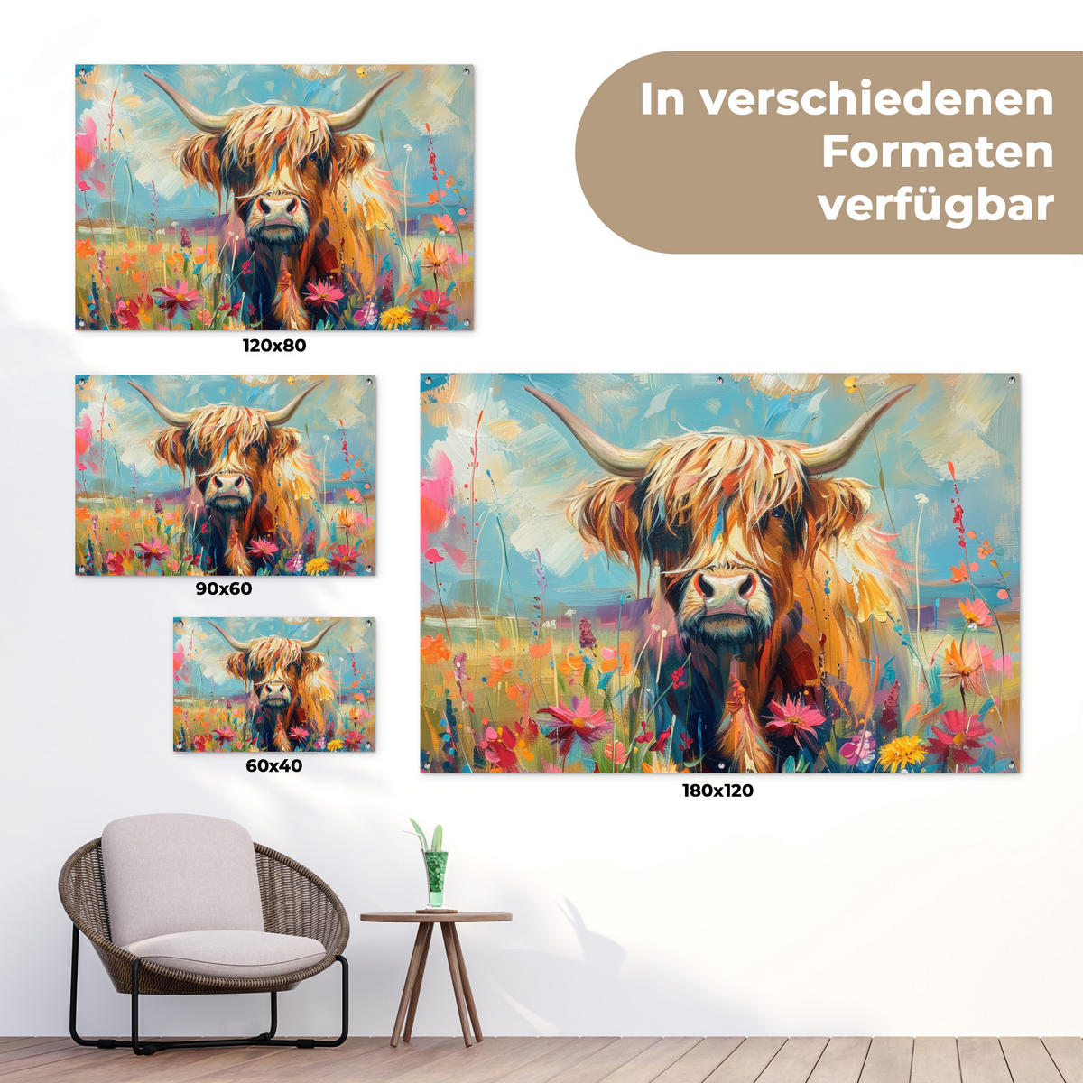 ZAHRADNÍ PLAKÁT Skotský horal - Příroda - Barevné - Květiny 90x60 cm - světle modrá, plast (90/60/0.2cm) - OnlyWow
