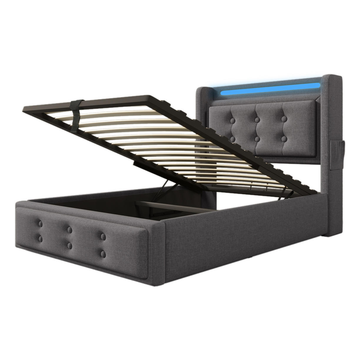 POLSTERBETT 90/200 cm mit hydraulischem Bettkasten, LED & USB/Typ-C, grau - Grau, Textil (90/200cm) - Redom