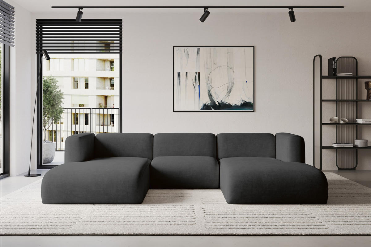 WOHNLANDSCHAFT MIRA-U1 317x179x70 Schwarz Velours - Anthrazit/Schwarz, Holzwerkstoff/Kunststoff (317/70/179cm) - ALTDECOR