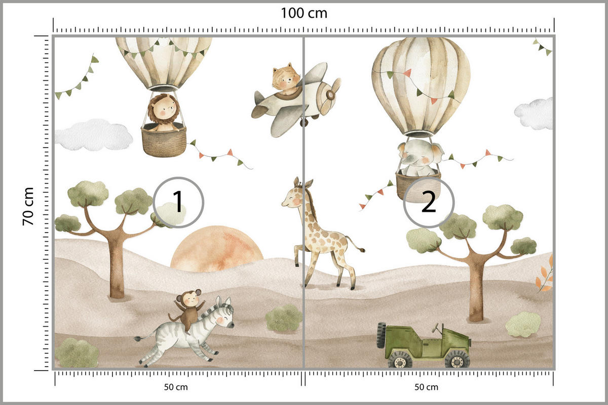 FOTOTAPETE für Kinderzimmer Tiere Ballons Flugzeuge Safari Bäume Hügel 100x70 - Beige/Braun, Papier (100/70cm) - Muralo