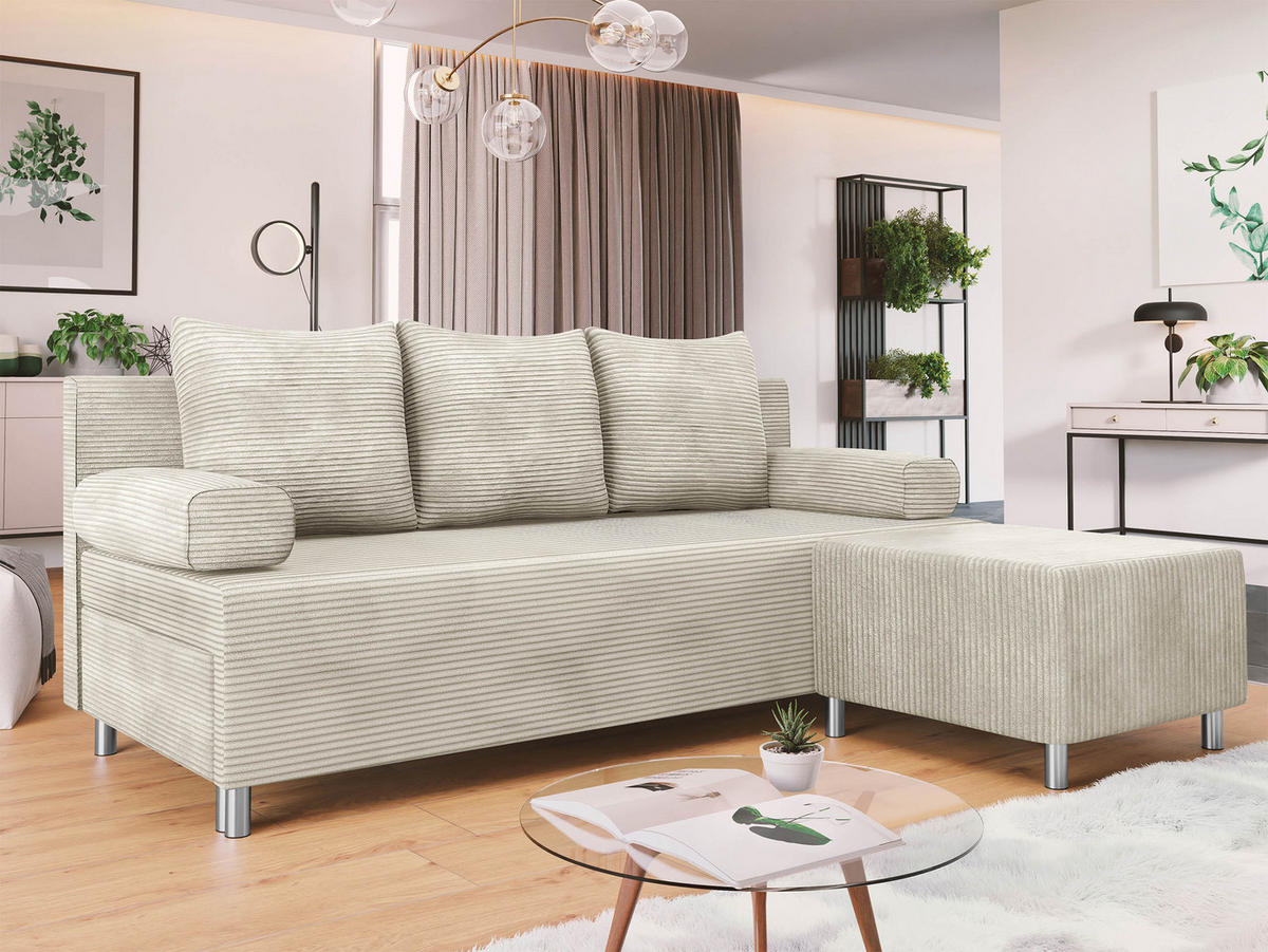 SCHLAFSOFA Dover Cord mit Polsterhocker - Chromfarben/Beige, Holz/Kunststoff (192/80cm) - MIRJAN24