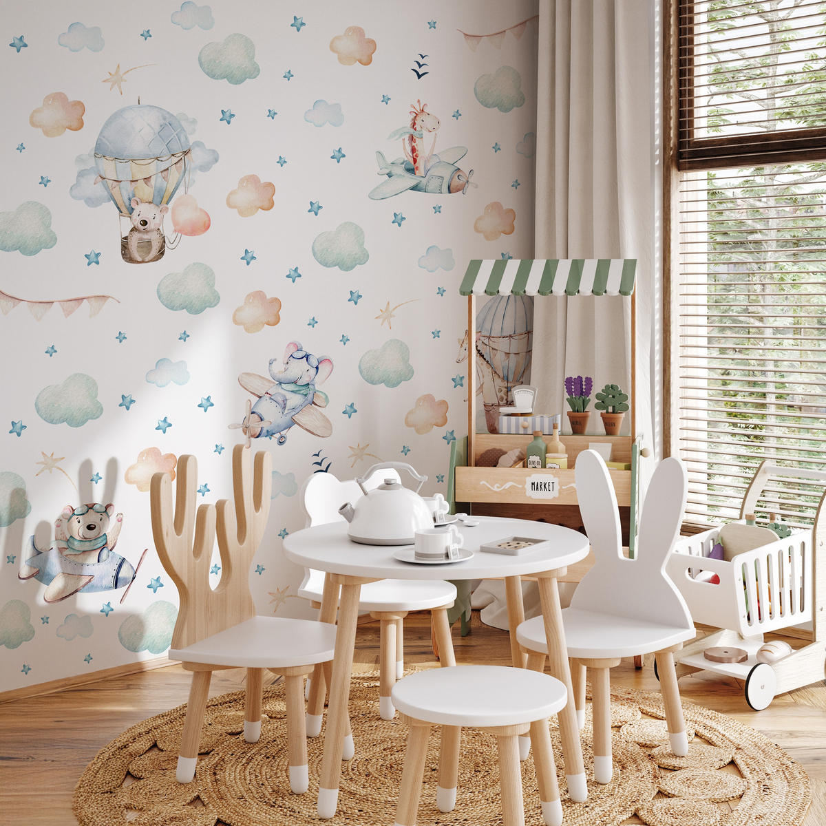 WANDAUFKLEBER SET für Kinder Tiere Wolken Flugzeuge Sterne 60x30 - Gelb/Beige, Papier (60/30/1cm) - Muralo