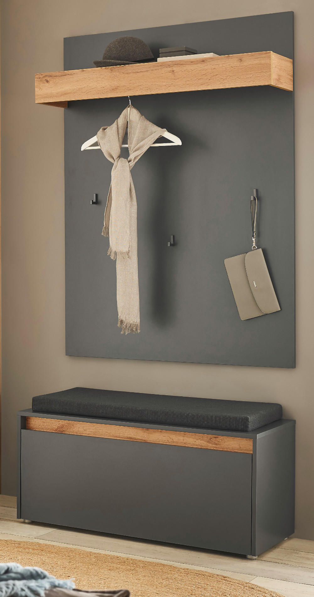 GARDEROBEN-SET 3-teilig grau matt, Eiche Wotan 100 cm, Flurgarderobe inklusive Sitzkissen - Silberfarben/Eiche Wotan, Holzwerkstoff/Kunststoff (100/200/40cm) - Furn.Design