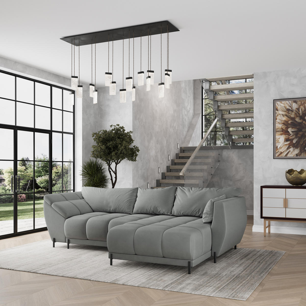 ECKSOFA VESTANO R-S Grau Velours-Stoff mit Schlaffunktion - Grau, Holz (287/182cm) - MASSENO