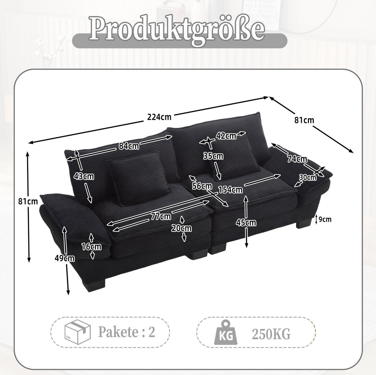 2-SITZER Sofa Samt mit ultratiefem Sitz 224/81/81 cm Schwarz - Schwarz, Textil (81/224/81cm) - Redom