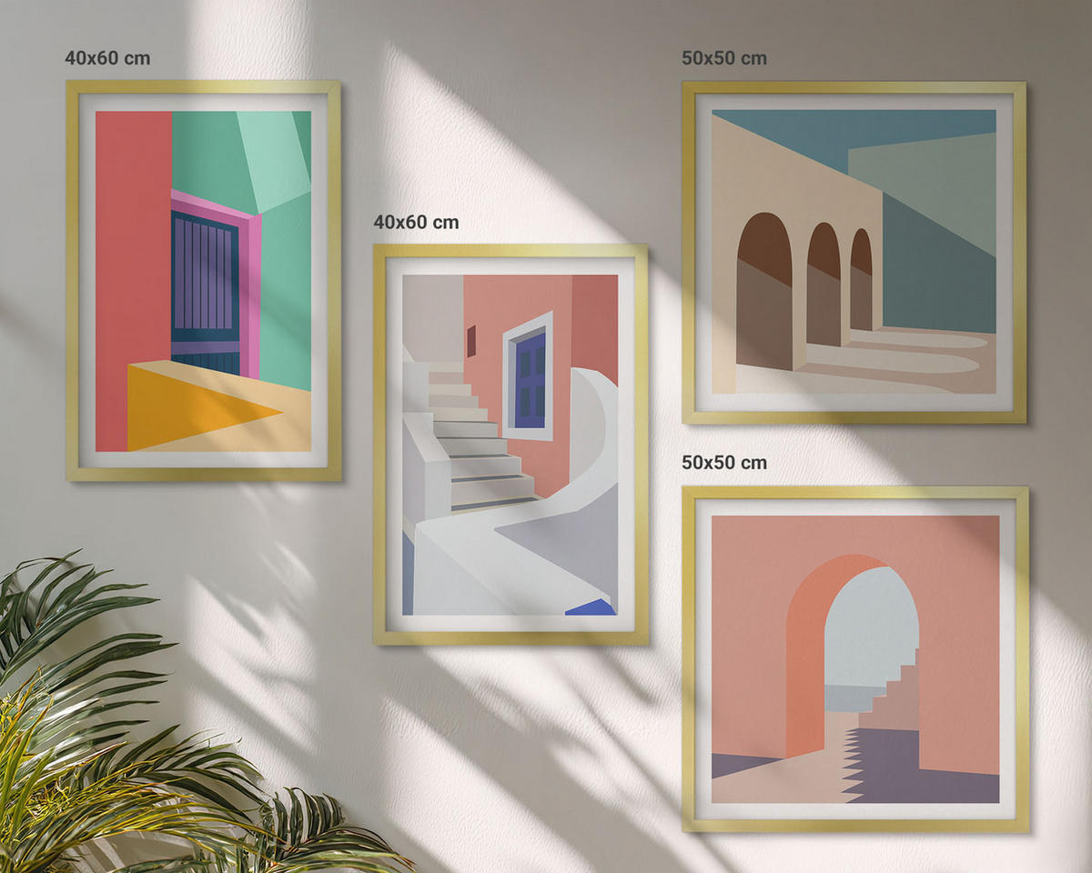 BILDER SET 4er Set - 50x50 cm & 40x60 cm Goldrahmen - Farbenfrohe moderne Gebäude - Goldfarben, Kunststoff (50/50cm) - TULUP