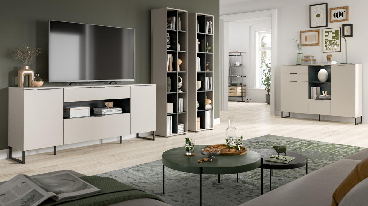 WOHNWAND kaschmir, schwarz 3-teilig 305 cm, Komplettset mit Soft-Close-Funktion - Kaschmir/Schwarz, Holzwerkstoff/Kunststoff (305/192/41cm) - Inn.Furn