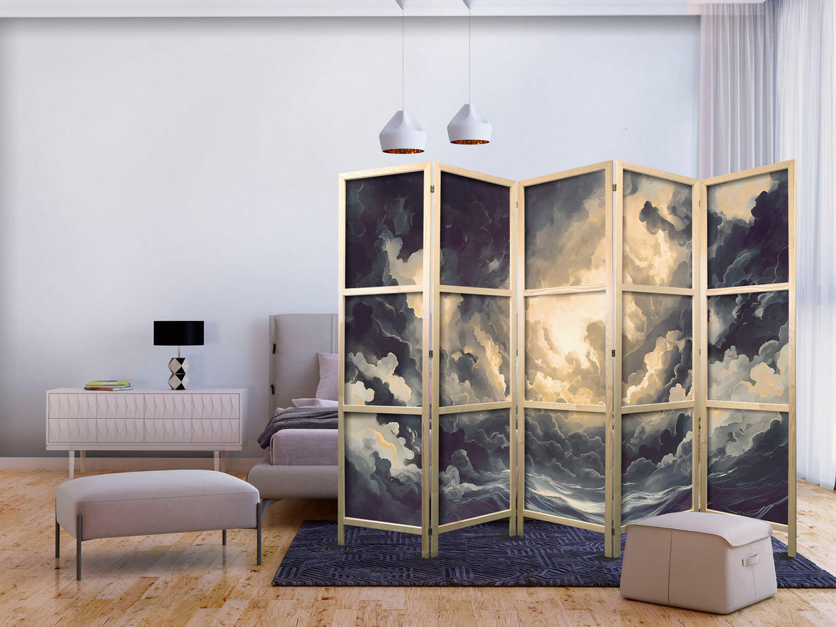 PARAVÁN Japonský 5-dielny 225x172 cm Malebné Oblaky - čierna, drevo/textil (225/172/3cm) - Muralo