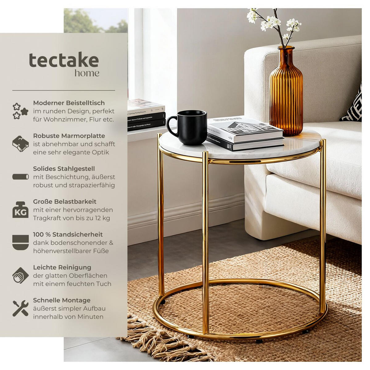 BEISTELLTISCH Ellsa,43 x 43 x 50,5 cm,weiß/gold - Goldfarben/Weiß, Stein (43/43/50.5cm) - tectake