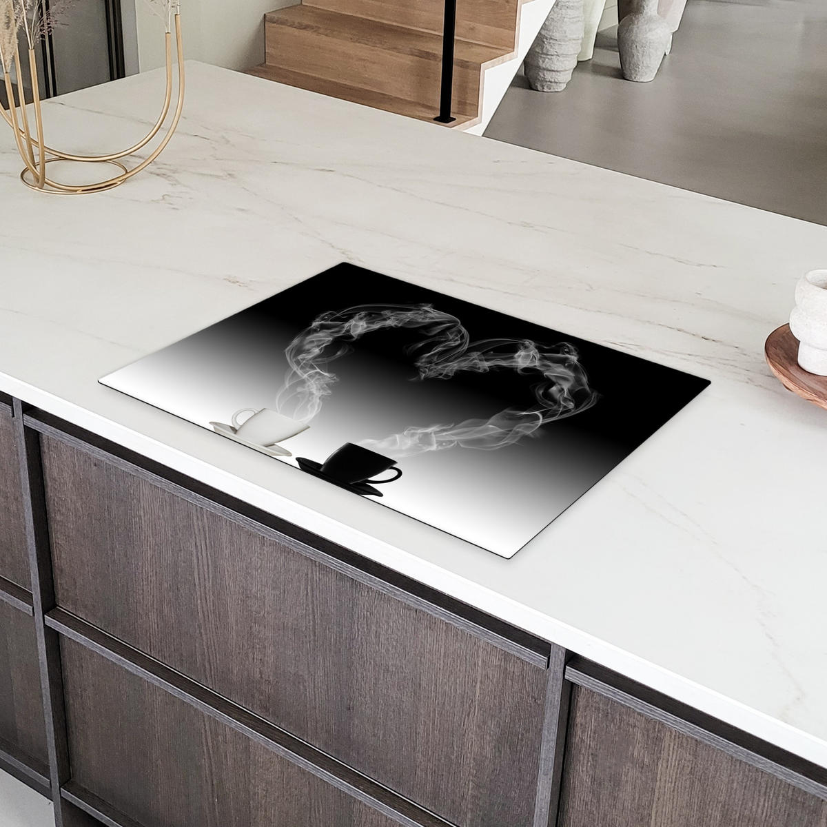 HERDABDECKPLATTE Kaffee - Herz - Schwarz und weiß - Tassen 75x52 cm - Weiß, Kunststoff (75/0.2/52cm) - MuchoWow