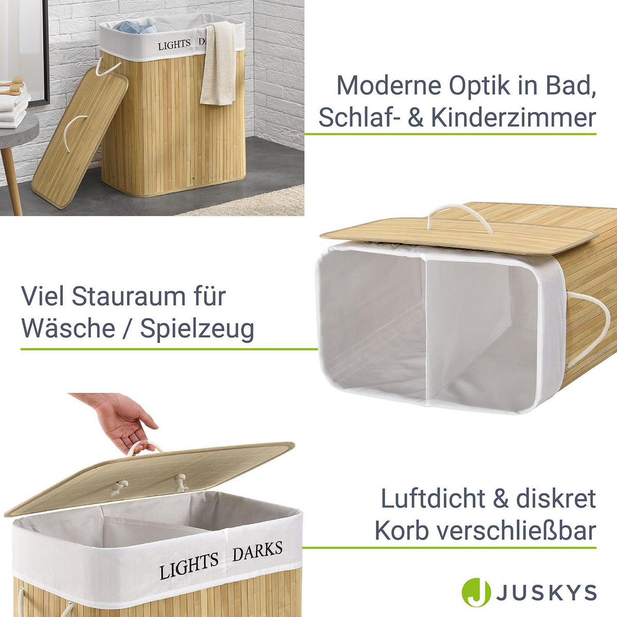 WÄSCHEKORB Curly 100 L natur - Naturfarben, Holz (52/63/32cm) - Juskys