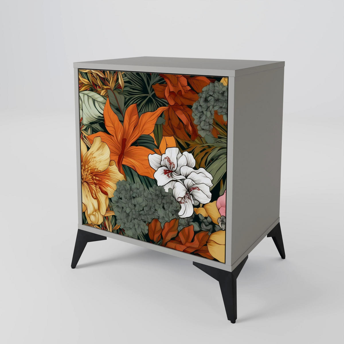 SIDEBOARD RADIANT FLORA, Grau, 57,5x42x67,5 cm, Schwarze Metall-Rahmenfüße - Multicolor/Schwarz, Holzwerkstoff/Metall (57.5/67.5/42cm) - SpaceRebels