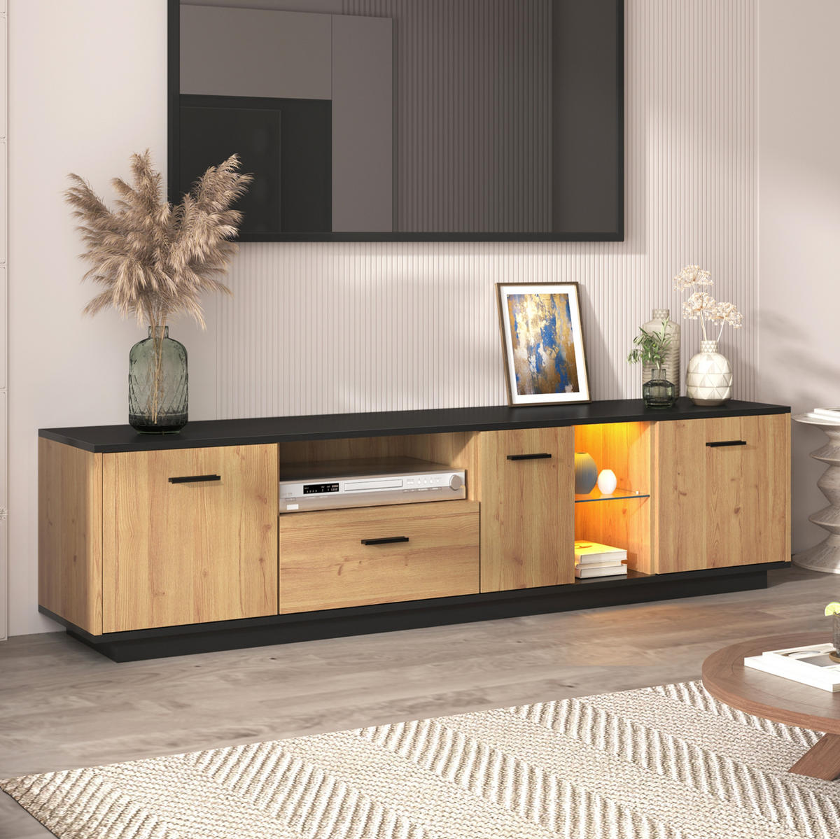 TV-LOWBOARD in Schwarz und Holzoptik mit LED und Stauraum 180/37/45 cm - Eichefarben, Holzwerkstoff (180/45/37cm) - Redom