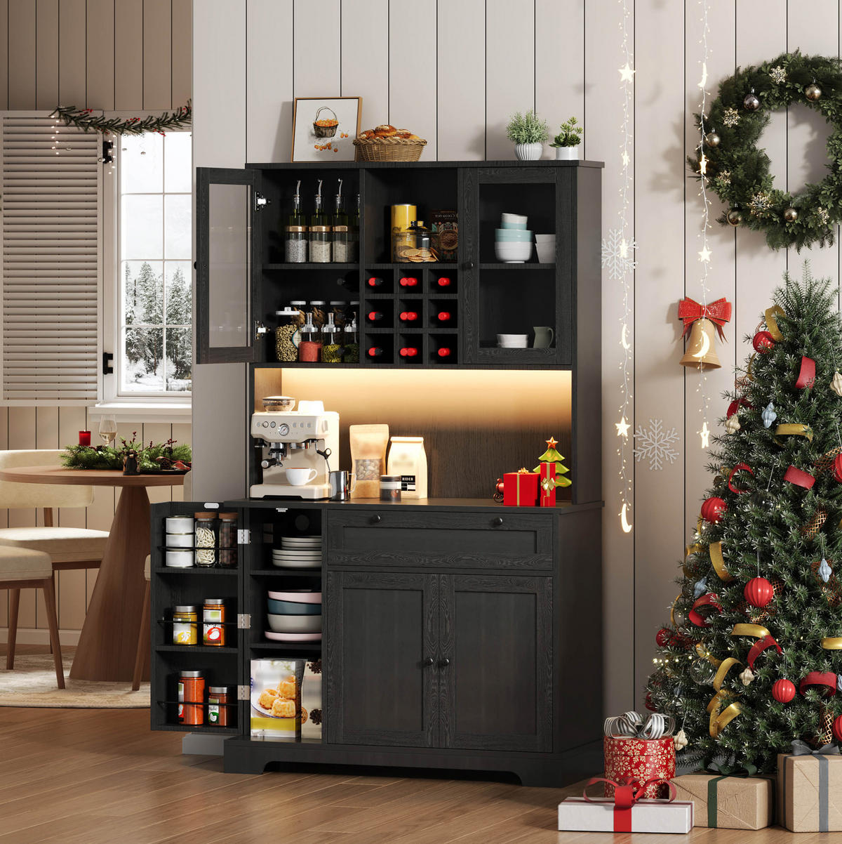 BUFFETSCHRANK 105/40/180 cm aus MDF mit LED-Beleuchtung, Steckdose, Weinregal und verstellbaren Böden, Schwarz - Schwarz, Holzwerkstoff (105/180/40cm) - Redom
