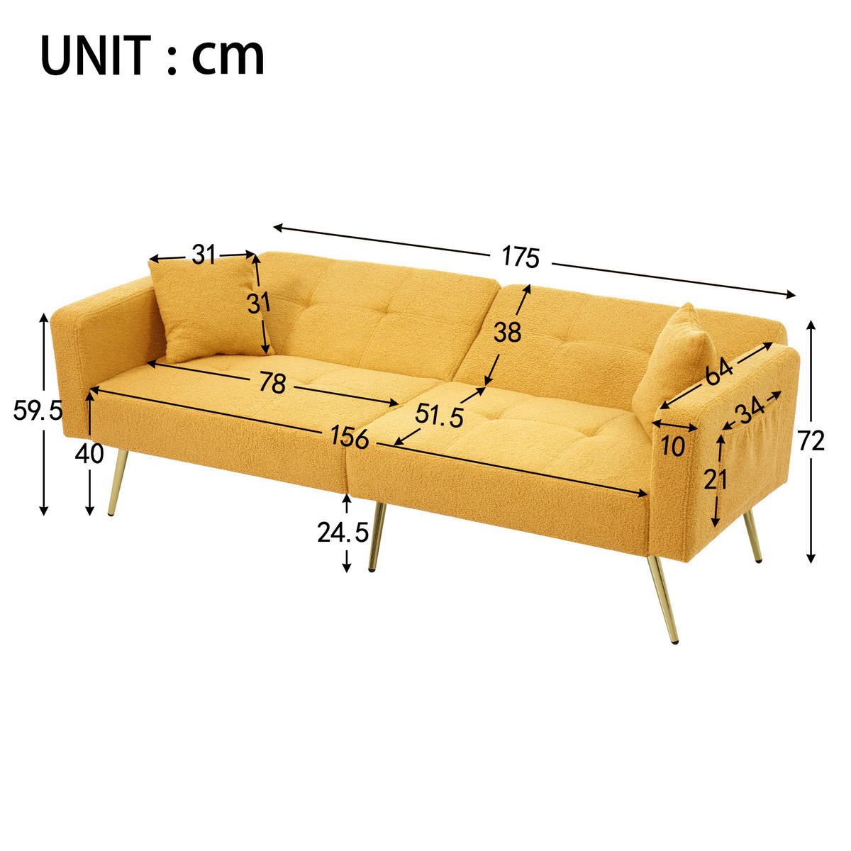 SCHLAFSOFA Lammwollstoff mit verstellbarer Rückenlehne 105–180 Grad Gelb 175/64/72 cm - Gelb, Textil (64/72/175cm) - Redom